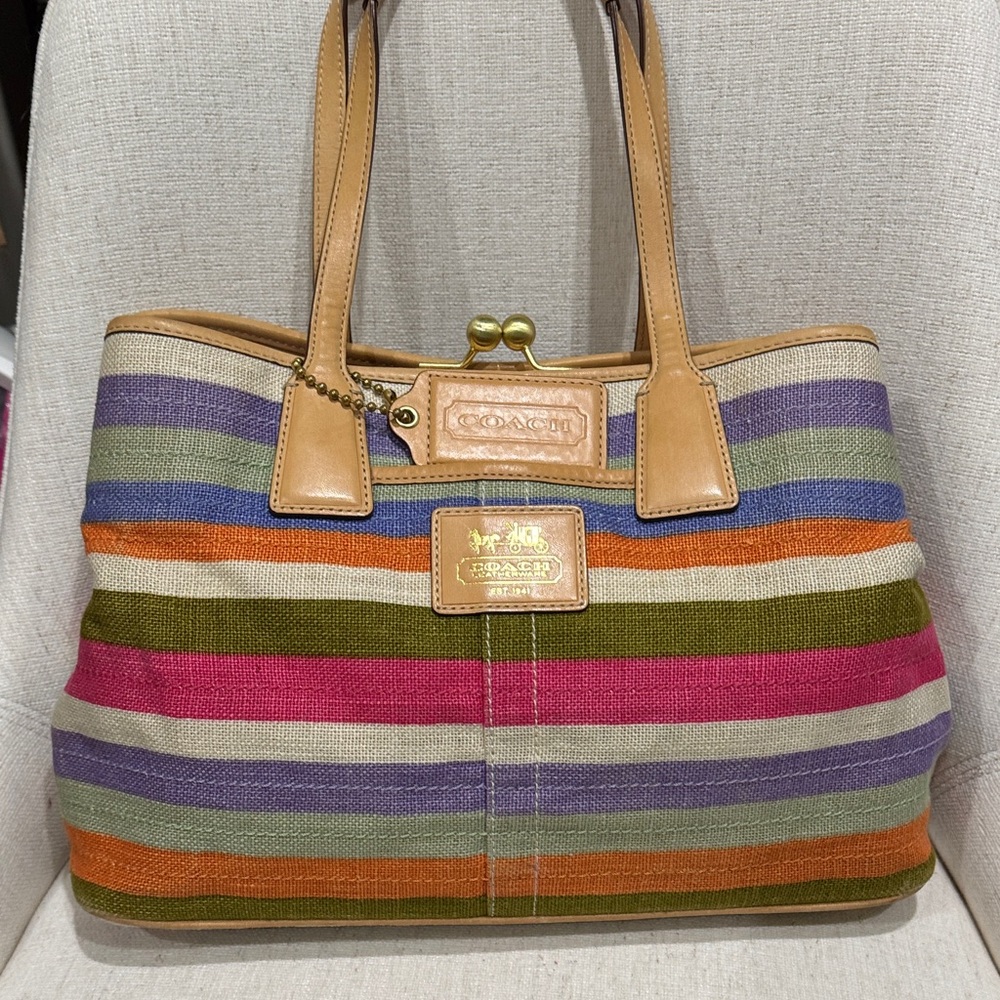 Coach Legacy 65th  Striped Canvas Tote in Multicolor with Tan Leather Trim